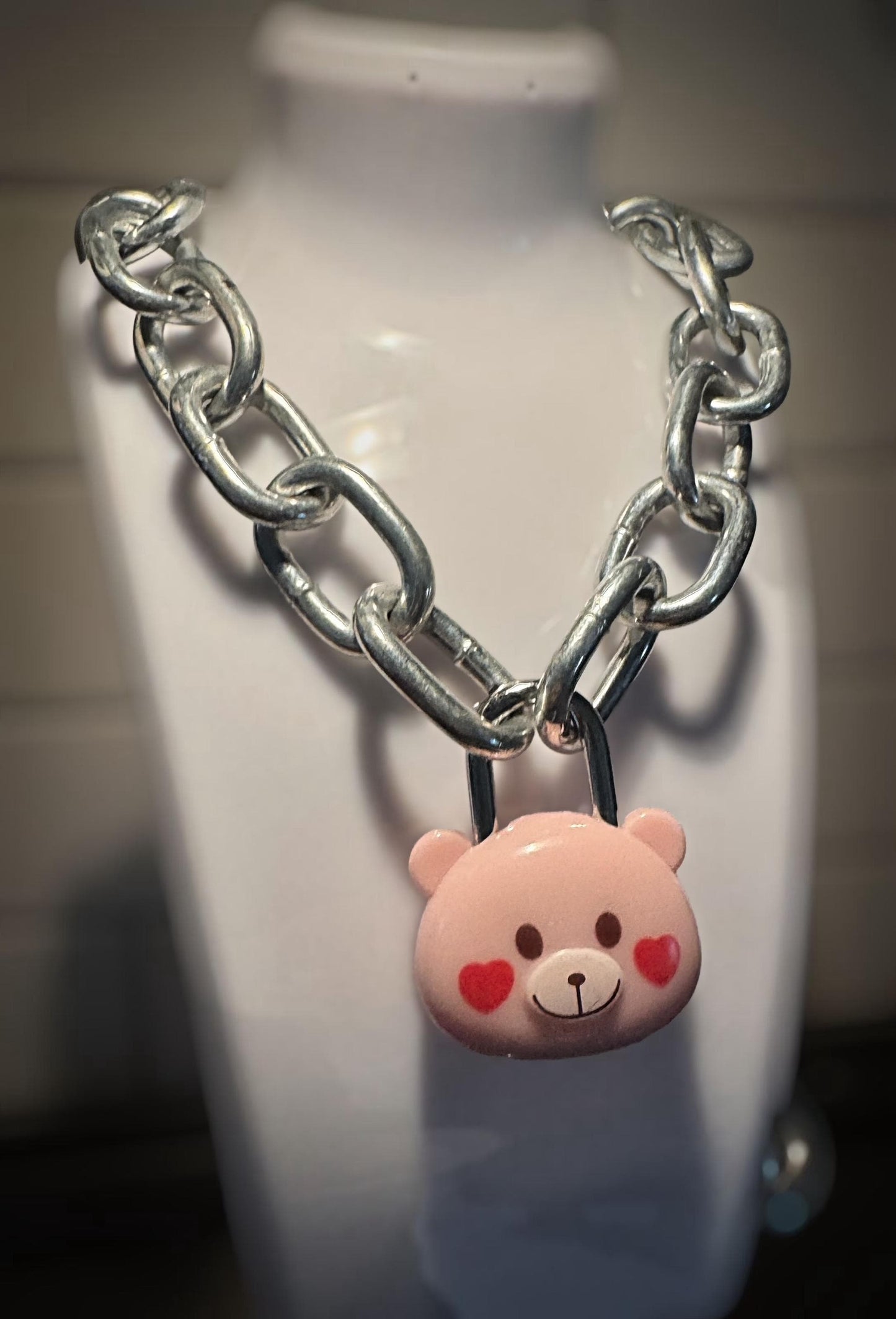Bear Face Lock Chain & Key Necklace  (SILVER)