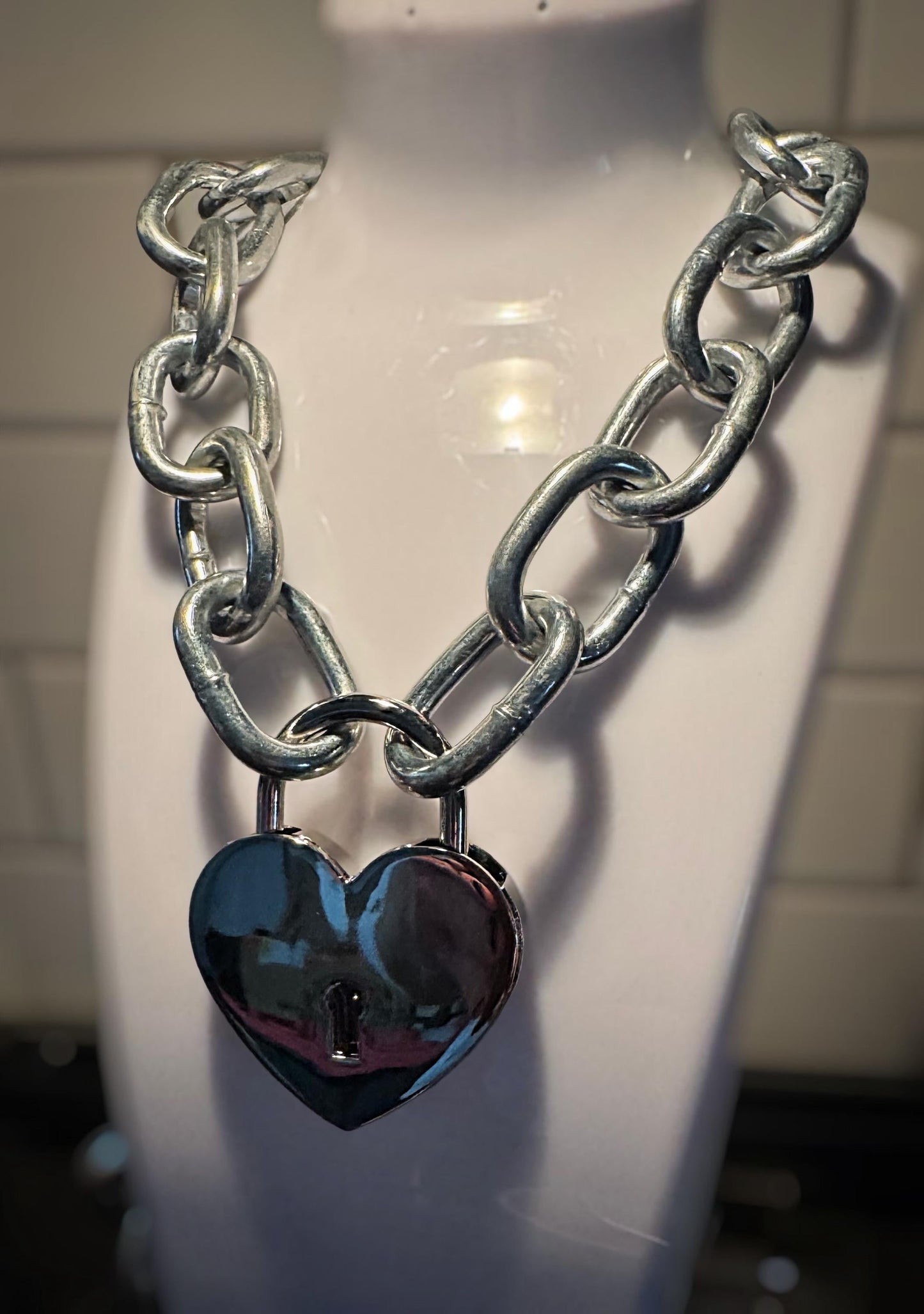 Heart Lock Chain & Key Necklace  (SILVER)