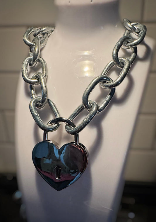 Heart Lock Chain & Key Necklace  (SILVER)